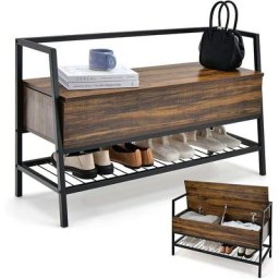 Banc à Chaussures Industriel avec Étagère à Latte, Banc de Rangement Plateau Relevable avec 2