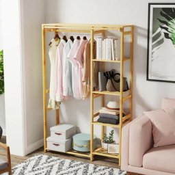 Penderie à Vêtement - Porte Manteau en Bambou - Armoire de Rangement avec Rideau pour Maison