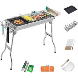 Barbecue à Charbon Acier Inoxydable Portable Pliant avec Poêle Antiadhésive,Pince à