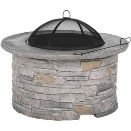 Braséro de Jardin Rond Effet Pierre Diamètre 92 cm avec Tisonnier et Couverture de Style