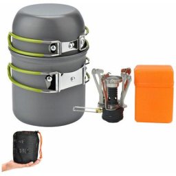 Kit de Casserole Camping, Batterie Cuisine Camping avec Mini Réchaud Gaz Ultraléger Aluminium
