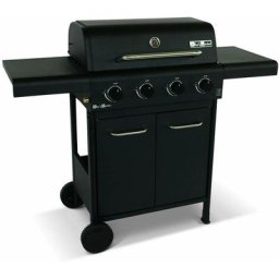 Barbecue bonacieux noir et inox au gaz 4 brûleurs avec rangement 2 tablettes rabattables 2 roues