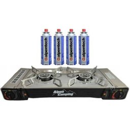 Réchaud à gaz 2 feux 4600W Inox Allumage piezo + 4 cartouches gaz butane Alpen Camping