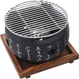 BSR - Barbecue à charbon de table rond portable avec grille métallique et base en bois, pour