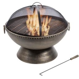 Braséro de jardin à bois chauffage extérieur avec tisonnier couvercle grille bbq acier bronzé