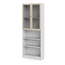Base Étagère 2 portes vitrées et 2 tablettes de rangement, blanc, finition chêne structuré.