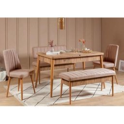Set table extensible, 2 chaises, banc et banquette Malva Bois clair et Tissu Beige - Bois clair /