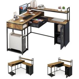 Bureau Informatique,Table d'ordinateur 130 cm, Bureau droit avec tiroirs et armoire,Stable, Montage