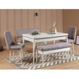 Set table extensible, 2 chaises, banc et banquette Malva Bois Blanc et Tissu Gris - Gris