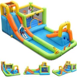 Château Gonflable Aquatique, Aire de Jeux Toboggan avec Zone de Saut, Canon à Eau, Panier de Basket