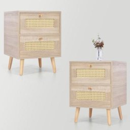 Lot de 2 Table de chevet en chêne - avec 2 tiroirs, Façades de tiroirs en rotin - 55 x 40 x 40 cm