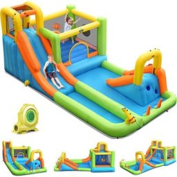 Château Gonflable Aquatique, Aire de Jeux Toboggan avec Zone de Saut, Canon à Eau, Panier de Basket