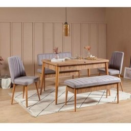 Set table extensible, 2 chaises, banc et banquette Malva Bois clair et Tissu Gris - Gris