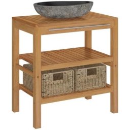 Armoire de toilette Teck solide et lavabo en pierre de rivière Vidaxl n/a