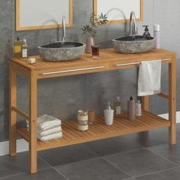 Armoire de toilette Teck solide et lavabos en pierre de rivière ,design élégant,pour toilette