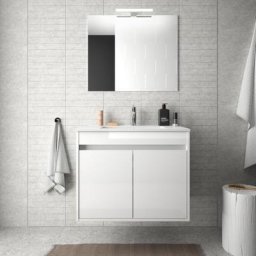 Meuble de salle de bain suspendu 70 cm Blanc laque avec deux portes Avec miroir et lampe led