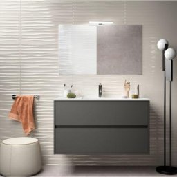 Meuble de salle de bain suspendu 100 cm gris opaque avec lavabo en porcelaine Avec colonne, miroir