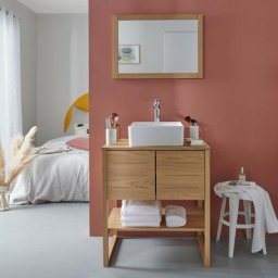 Meuble de Salle De Bain Chêne 70 cm atoll + Miroir Bois L50xH70cm + Vasque carrée 36 cm - Bois Clair