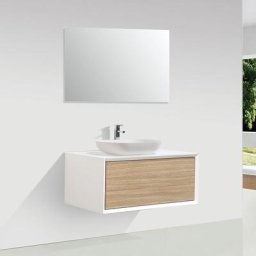 Meuble salle de bain pour vasque à poser PALIO largeur 90 cm blanc mat chêne clair texturé - Blanc