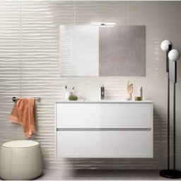 Meuble de salle de bain suspendu 100 cm blanc laque avec lavabo en porcelaine Avec miroir et lampe