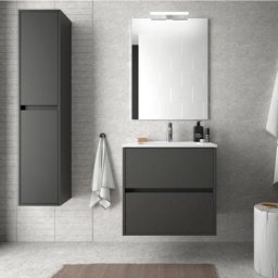Meuble de salle de bain suspendu 60 cm gris opaque avec lavabo en porcelaine Avec colonne, miroir