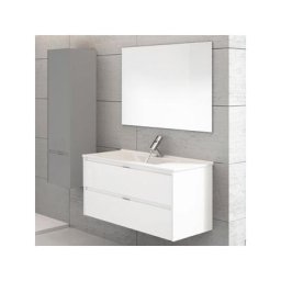 Ibiza, meuble suspendu salle de bains avec lavabo et miroir. Livré assemblé 100CM Blanc brillant