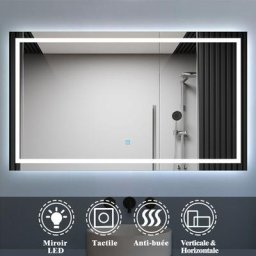 Miroir salle de bain led anti-buée, avec éclairage led 120 x 80cm réversible IP44 commande par