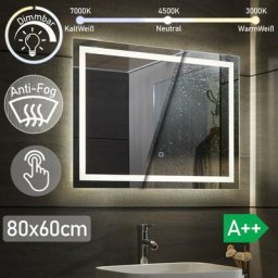 Miroir Salle de Bain led - 80 x 60 cm, cee:a++, Tactile, Mural, Éclairage Blanc Froid/Chaud/Neutre,