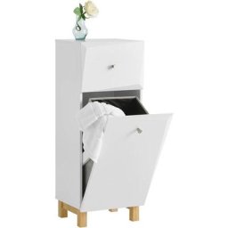 BZR93-W Armoire à Linge, Corbeille à Linge, Meuble Bas de Salle de Bain sur Pieds, Armoire