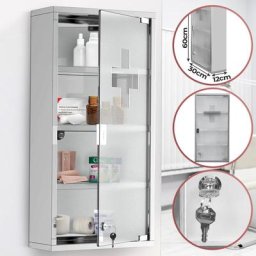 Armoire à Pharmacie Murale - 3 Étagères, 4 Compartiments, Serrure, 2 Clés, 30x12x60cm, Acier