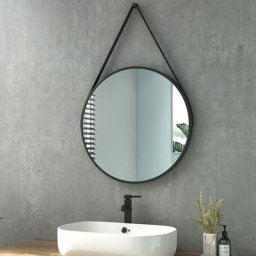 Miroir Mural, Miroir Salle de Bain Rond, Diamètre 60cm, Miroir Mural avec Bandoulière Réglable,