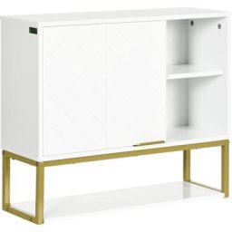 Armoire murale de salle de bain - porte, 2 étagères, 2 niches - acier doré mdf blanc - Blanc