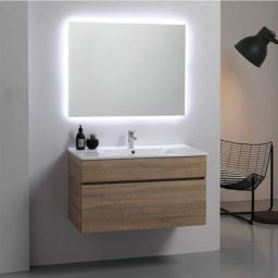 Armoire de salle de bains murale moderne 90CM puits en chêne avec miroir sole