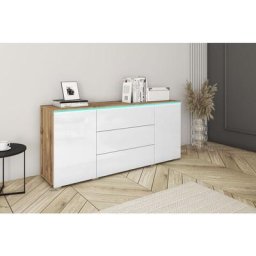 Commode vera 150 cm, commode, sans éclairage led, couleur wotan/blanc brillant