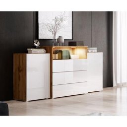 Commode urban 150 cm, commode, éclairage led inclus, couleur wotan/blanc brillant