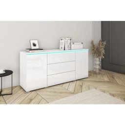 Commode vera 150 cm, commode, éclairage led inclus, couleur blanc/blanc brillant