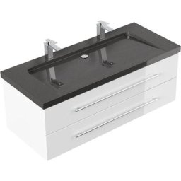 Meuble sdb Damo blanc brillant avec double vasque en granit India Black, 130cm