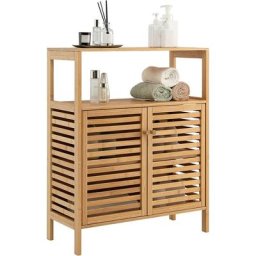 Meuble Salle de Bain en Bambou/Rangement de Salle de Bain-Étagère Amovible et 2 Portes