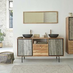 Bois Dessus Bois Dessous - Meuble double vasque en acacia massif et pierre 155 cm - Naturel