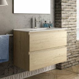 Meuble de salle de bain 100cm simple vasque - 2 tiroirs - sans miroir - balea - Bambou (chêne clair)