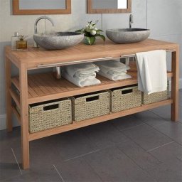 Meuble de salle de bains avec 4 paniers Teck massif 132x45x75cm,design élégant,pour toilette