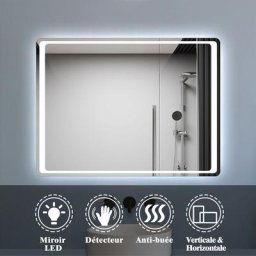 Miroir led salle de bain, 90x65cm anti-buée avec capteur infrarouge Cadre Alu pour Salle de Bain