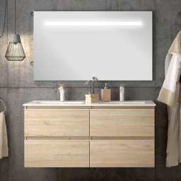 Meuble de salle de bain double vasque - 4 tiroirs - balea et miroir Led stam - 120cm - Bambou