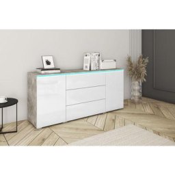 Commode vera 150 cm, commode, sans éclairage led, couleur béton/blanc brillant