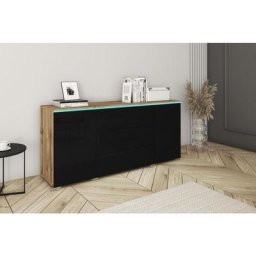 Commode vera 150 cm, commode, sans éclairage led, couleur wotan/noir brillant