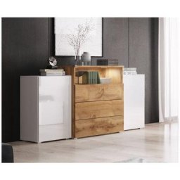 Commode urban 150 cm, commode, éclairage led inclus, couleur blanc brillant/wotan