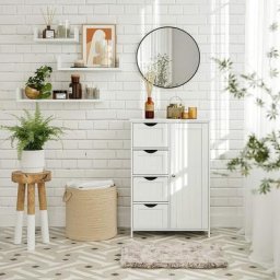 Meubles de Rangement avec 4 Tiroirs Armoire de Rangement Salle de Bain en mdf Commode Armoire Blanc