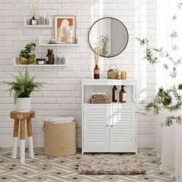 Meuble Salle de Bain Armoire de Rangement Commode avec 2 Portes Claire-Voie Blanc