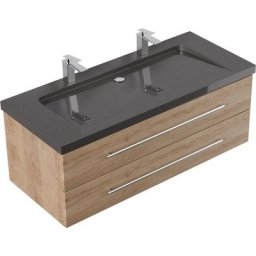 Meuble sdb Damo en décor chêneavec double vasque en granit India Black 130cm