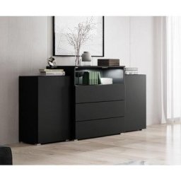 Commode urban 150 cm, commode, éclairage led inclus, couleur noir mat